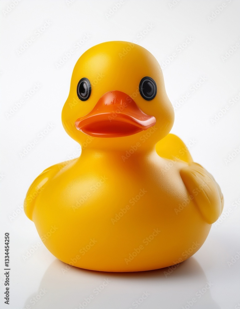 y Single bright yellow rubber duck with a simple design on a white background. y Single bright yellow rubber duck with a simple design on a white background.