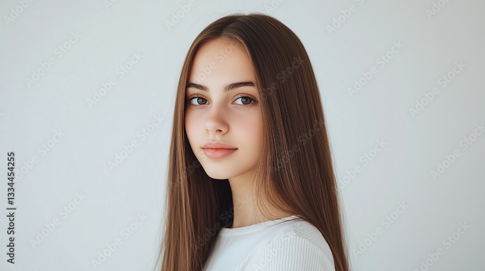 A woman with long brown hair is standing in front of a white wall