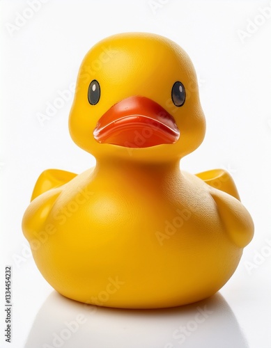 y Single bright yellow rubber duck with a simple design on a white background. 