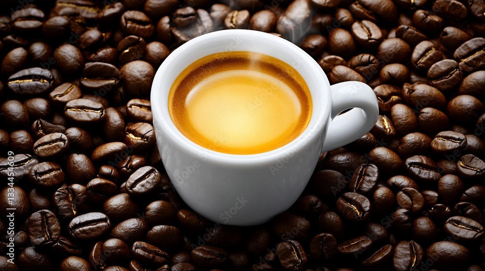 Fototapeta premium A white cup of espresso sits atop a bed of roasted arabica beans with rising vapor trails