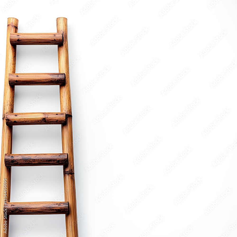 Rustic Wooden Ladder Against Plain White Backdrop Symbolizing Growth Advancement and Achievement Rustic Wooden Ladder Against Plain White Backdrop Symbolizing Growth Advancement and Achievement