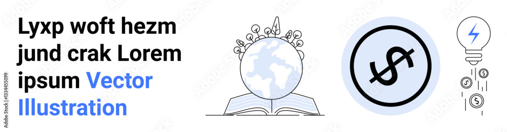 Open book with sprouting plants, globe symbolizing growth and knowledge, dollar sign in circle for finance concept, and light bulb for innovation and ideas. Ideal for education, sustainability Open book with sprouting plants, globe symbolizing growth and knowledge, dollar sign in circle for finance concept, and light bulb for innovation and ideas. Ideal for education, sustainability