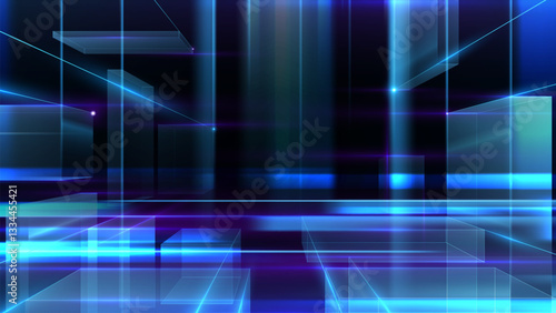 Digital network square shape with blue glowing lines overlapping with pink on dark background, high speed wireless communication technology business scene design concept.