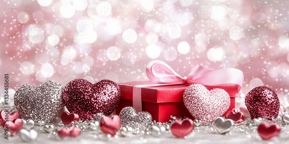Romantic Valentine s Day Gift Red Box with Sparkling Hearts and Festive Background Romantic Valentine s Day Gift Red Box with Sparkling Hearts and Festive Background