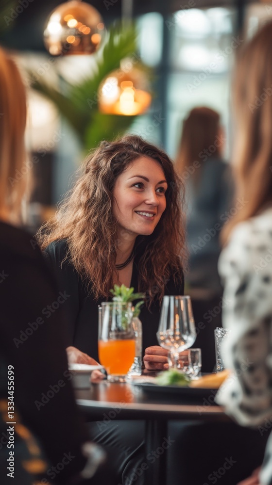 A woman enjoys a lively conversation over drinks in a chic cafe. The warmth of friendship can be felt as they share laughs and stories. Generative AI A woman enjoys a lively conversation over drinks in a chic cafe. The warmth of friendship can be felt as they share laughs and stories. Generative AI