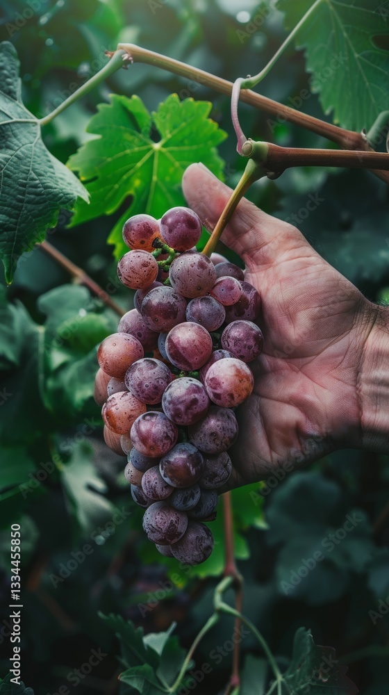 Obraz premium Close up of a human hand gently holding a bunch of ripe red grapes hanging from a vine in a lush green vineyard during harvest time