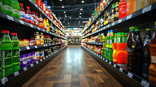 Vibrant supermarket beverage aisle showcasing colorful drinks and snacks shelves, highlighting variety and freshness every bottle.