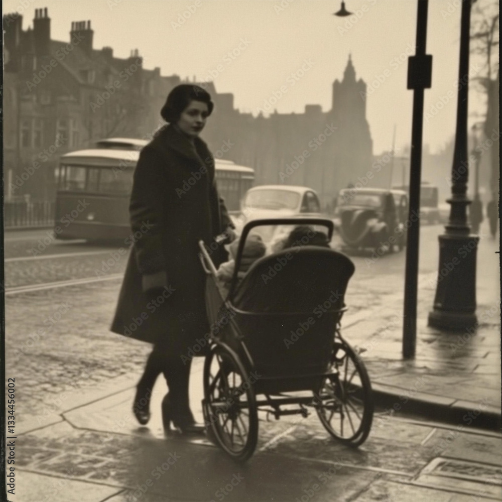 Obraz premium Mom on a walk with her baby in a pram, past years. Retro style