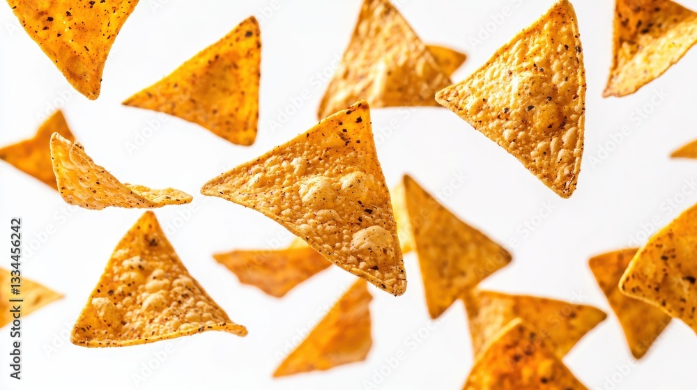 Many triangle-shaped nachos chips are flying in air against plain white background. This image showcases texture and color of chips. It is food photo suitable for snack, Mexican food, Many triangle-shaped nachos chips are flying in air against plain white background. This image showcases texture and color of chips. It is food photo suitable for snack, Mexican food,