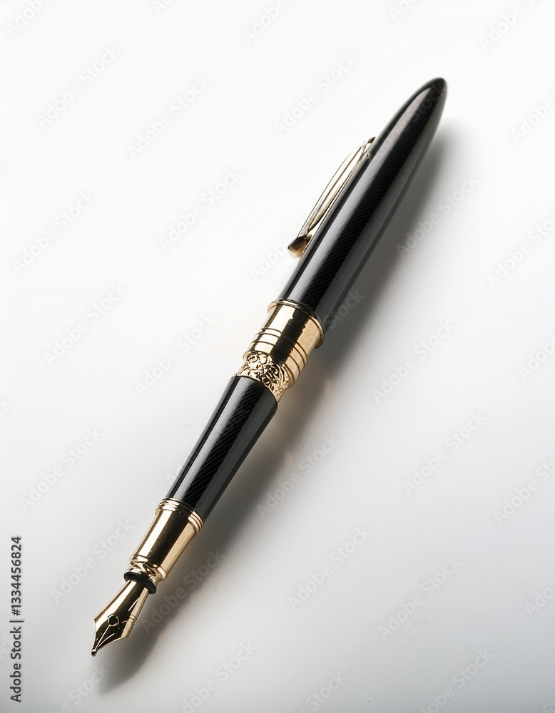 Single elegant fountain pen positioned diagonally on a white backdrop Single elegant fountain pen positioned diagonally on a white backdrop