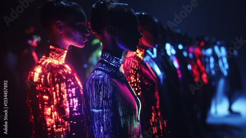 Futuristic fashion parade with neon glow and advanced fabric technology