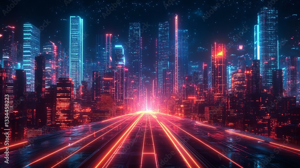 Fototapeta premium Futuristic cityscape with vibrant neon lights and glowing skyscrapers at night