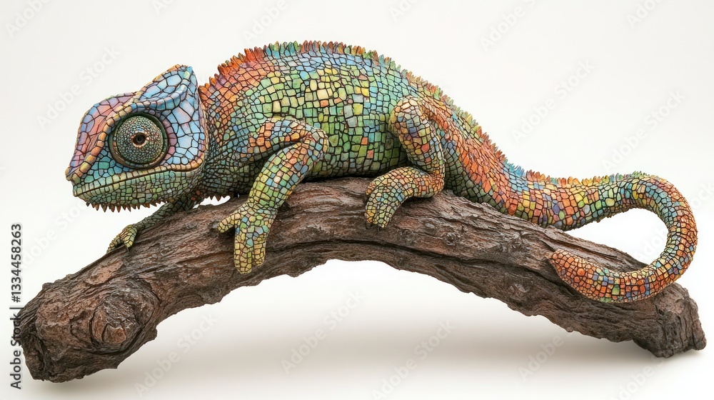 Obraz premium Colorful Chameleon Sculpture on Branch, Studio Shot, Art Piece, Use Education, Exhibit, or Display