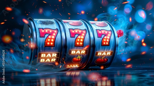 Close-up of a vibrant slot machine showing lucky sevens, with atmospheric blue smoke and floating embers, creating an exciting feeling of winning