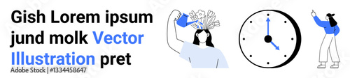 Woman nurturing blooming ideas, clock representing productivity, and individual presenting ideas. Ideal for creativity, education, motivation, time management, workshops, innovation simple landing