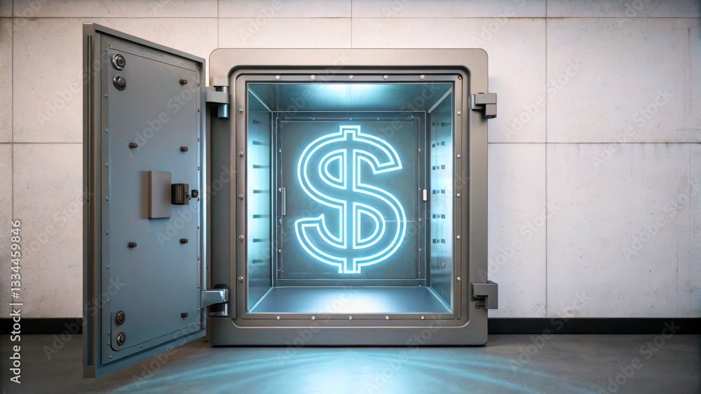 Fototapeta premium Open Safe with Glowing Dollar Sign Symbolizing Wealth and Financial Security Concept