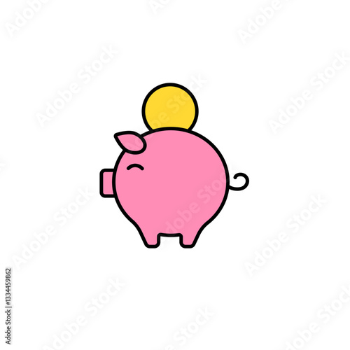 A simple pink piggy bank with a single gold coin on top symbolizes savings and financial planning.