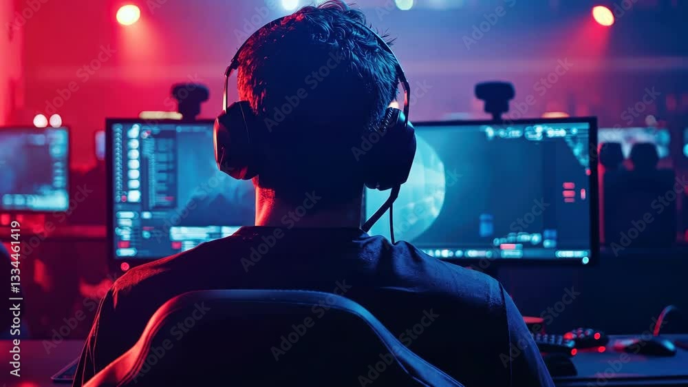 Gamer Wearing Headphones Intensely Focused on Computer Screen in Dimly Lit Room with Red and Blue Lighting Creating Immersive Gaming Atmosphere and Competitive Environment Gamer Wearing Headphones Intensely Focused on Computer Screen in Dimly Lit Room with Red and Blue Lighting Creating Immersive Gaming Atmosphere and Competitive Environment