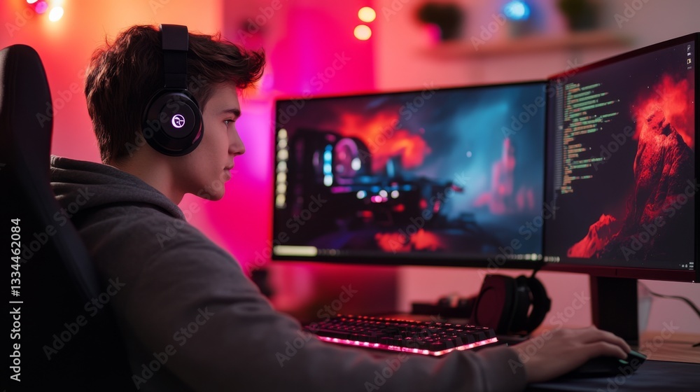 A gamer immersed in a visually stunning dual monitor setup. The vibrant lights create a captivating atmosphere for gaming and coding. Technology meets creativity. Generative AI A gamer immersed in a visually stunning dual monitor setup. The vibrant lights create a captivating atmosphere for gaming and coding. Technology meets creativity. Generative AI