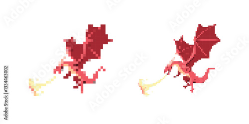 two red dragons breathe fire in a minimalist pixel art style, capturing a blend of fantasy and retro.