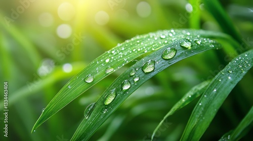 Dewdrops glisten on vibrant green leaves in early morning sunlight creating a refreshing nature ambience