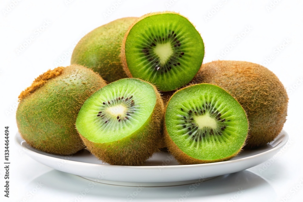 Fresh Juicy Kiwis on White Plate: Vibrant Fruit Stock Photo Fresh Juicy Kiwis on White Plate: Vibrant Fruit Stock Photo