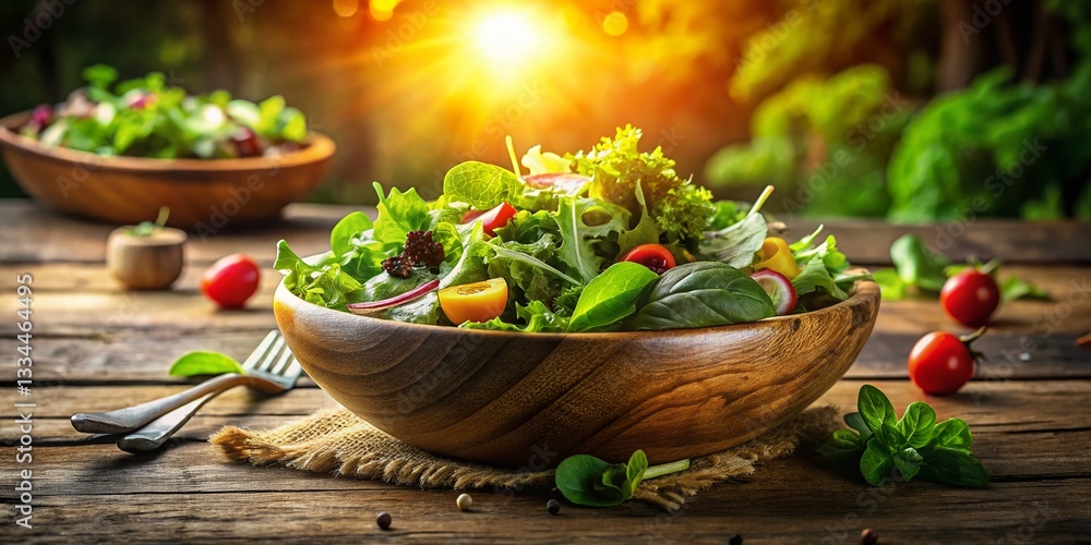 Fresh Green Salad in Wooden Bowl on Rustic Table - Healthy Eating Concept Fresh Green Salad in Wooden Bowl on Rustic Table - Healthy Eating Concept