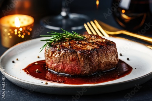 Beef filet mignon with wine sauce drizzle served as a luxurious gourmet steak dish