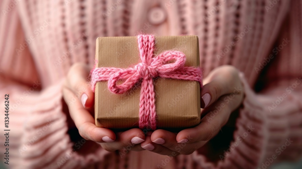Close up of gentle female hands holding a beautifully wrapped gift box with pink knitted ribbon, showcasing a thoughtful present for a special occasion or holiday celebration Close up of gentle female hands holding a beautifully wrapped gift box with pink knitted ribbon, showcasing a thoughtful present for a special occasion or holiday celebration