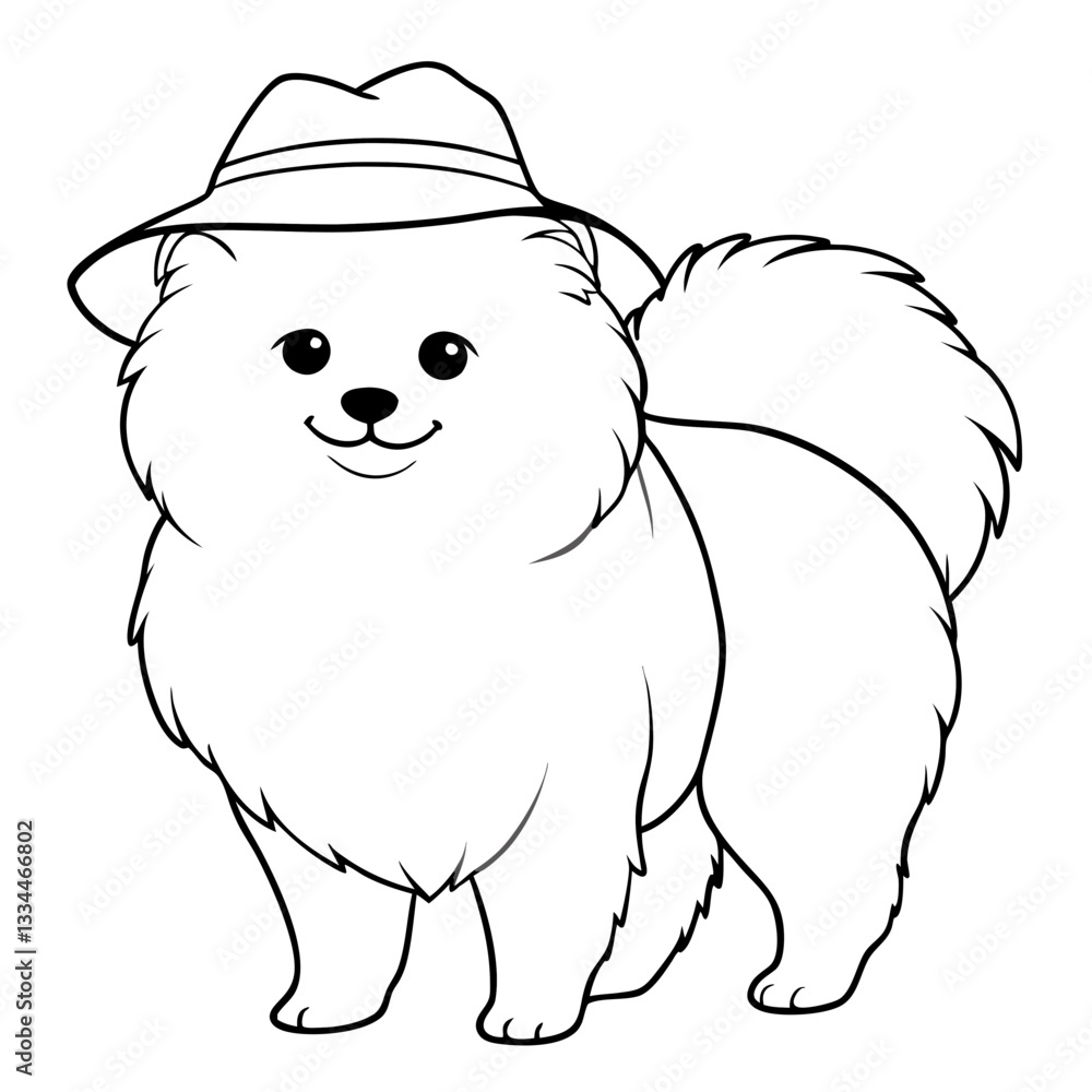 Fototapeta premium a cartoon pomeranian dog wearing a stylish hat and smiling vector illustration