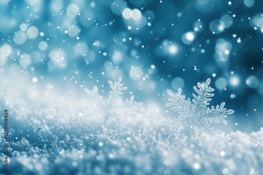 Stunning snowflakes on snowy ground winter wonderland bokeh background, Stunning snowflakes on snowy ground winter wonderland bokeh background,