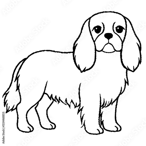 a line drawing of a Cavalier King Charles Spaniel dog in a standing position with its soft ears, big black eyes, and curly tail