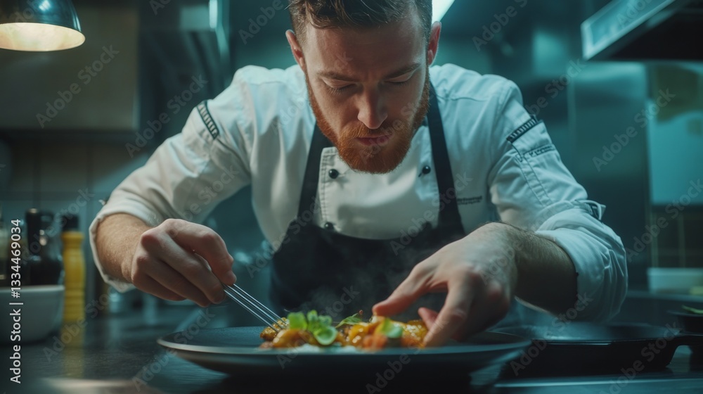 A passionate chef focuses on creating a culinary masterpiece. He carefully plates the vibrant ingredients with precision. Creativity meets technique in every dish. Generative AI A passionate chef focuses on creating a culinary masterpiece. He carefully plates the vibrant ingredients with precision. Creativity meets technique in every dish. Generative AI