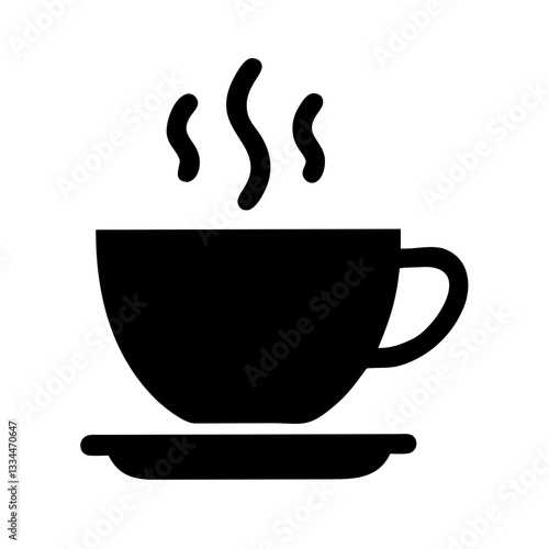 Black cup with steam silhouette on white background for hot beverages and coffee concept