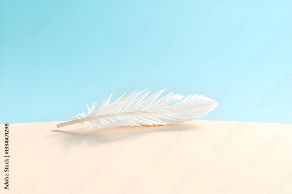 A delicate white feather resting on a split-tone sky blue and soft beige background A delicate white feather resting on a split-tone sky blue and soft beige background