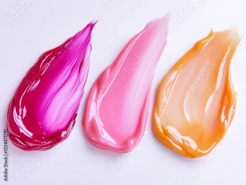 Fototapeta samoprzylepna Close up of three vibrant and glossy cosmetic product swatches in shades of pink and orange applied on a clean white background for beauty and makeup concepts