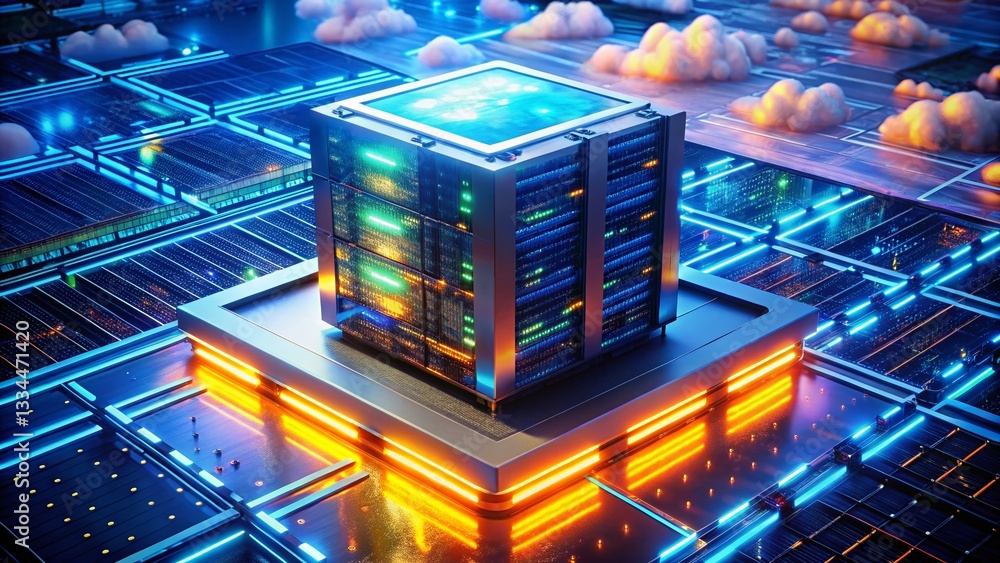 Futuristic Microserver: Cloud Computing & Data Storage Aerial View Futuristic Microserver: Cloud Computing & Data Storage Aerial View