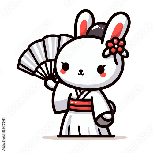 Elegant geisha bunny with traditional fan in kimono. Vector illustration perfect for cultural performances, Japanese traditions, and ceremonial art concepts.