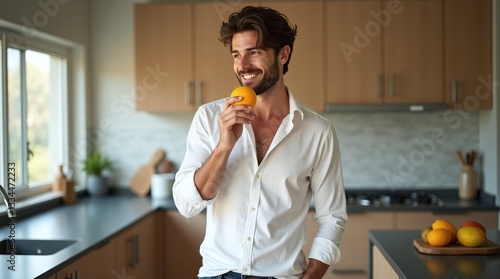 photo of a full-body portrait of a handsome, attractive man in his mid-30s with a bright, juicy mango in his hand, standing in a modern, well-lit kitchen with sleek countertops and stainless steel app