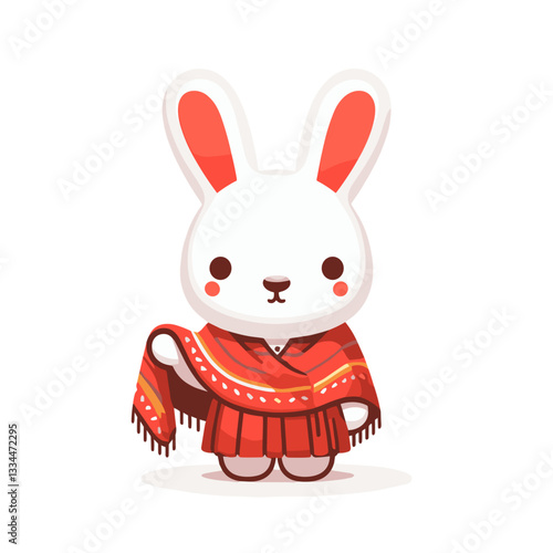 Traditional bunny in red ceremonial poncho. Vector illustration perfect for cultural heritage, ethnic fashion, and folk tradition concepts.
