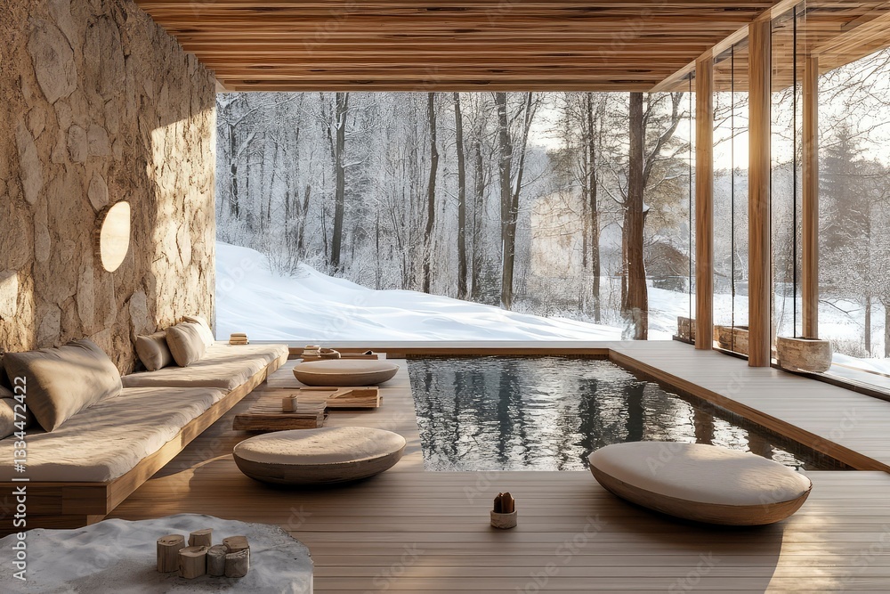 Serene Winter Spa Retreat Modern Minimalist Design with Indoor Pool and Snow-Covered Forest View Serene Winter Spa Retreat Modern Minimalist Design with Indoor Pool and Snow-Covered Forest View
