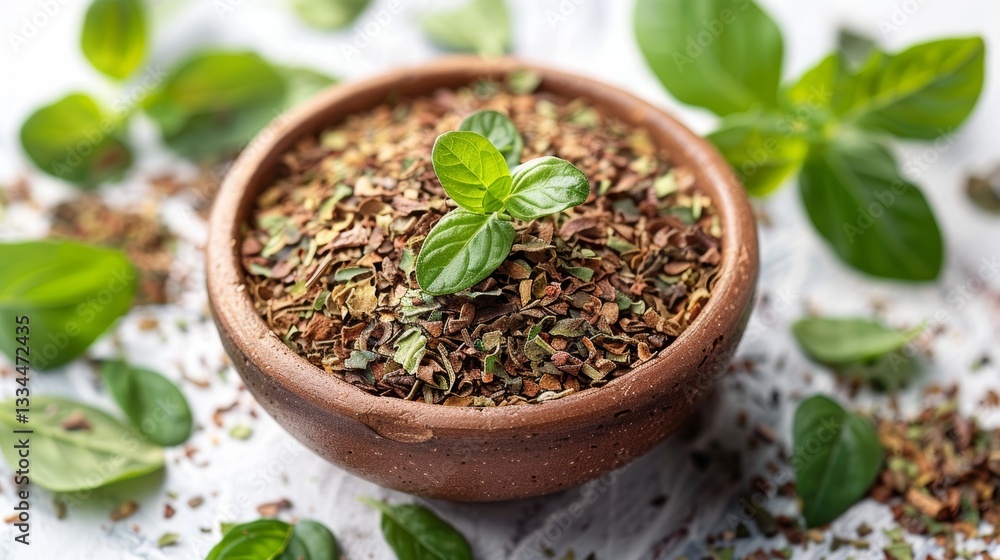 Close-up of vibrant green basil leaves in brown ceramic bowl filled with dried herbs on a textured white surface Close-up of vibrant green basil leaves in brown ceramic bowl filled with dried herbs on a textured white surface