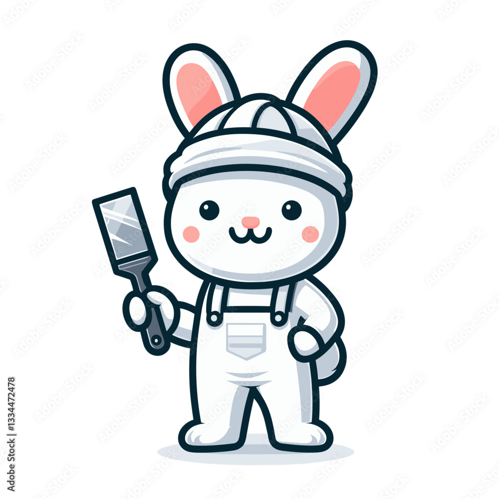 House painter bunny with spatula in white overalls. Vector illustration perfect for home renovation, interior design, and professional painting service concepts. House painter bunny with spatula in white overalls. Vector illustration perfect for home renovation, interior design, and professional painting service concepts.