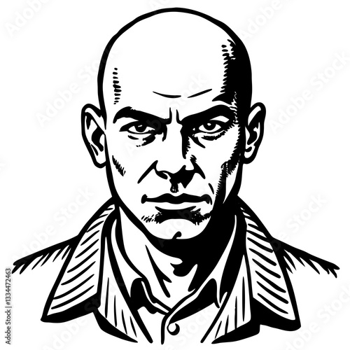 a serious and stern man, sketched in detailed black and white. The image focuses on the man's intense expression and bald head, capturing a sense of power and determination