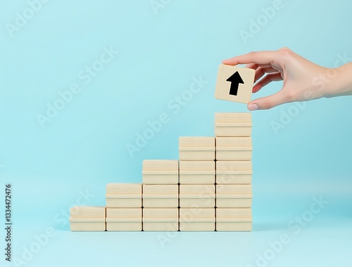 Minimalist photo of wooden blocks arranged as a staircase with black arrows pointing upward. A hand places the final block, symbolizing growth, progress, and achievement.