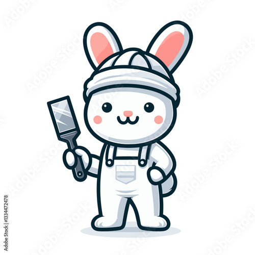 House painter bunny with spatula in white overalls. Vector illustration perfect for home renovation, interior design, and professional painting service concepts.