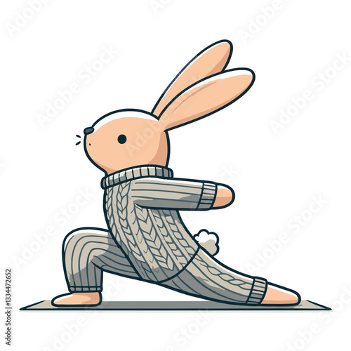 Yoga bunny in gray striped outfit performing lunge pose. Vector illustration for fitness wellness and mindful exercise practices.