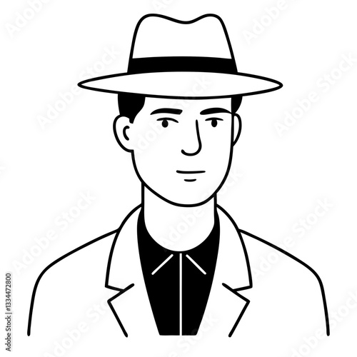a gentleman wearing a stylish fedora hat and coat, with a confident expression on his face. It's a clean, modern illustration