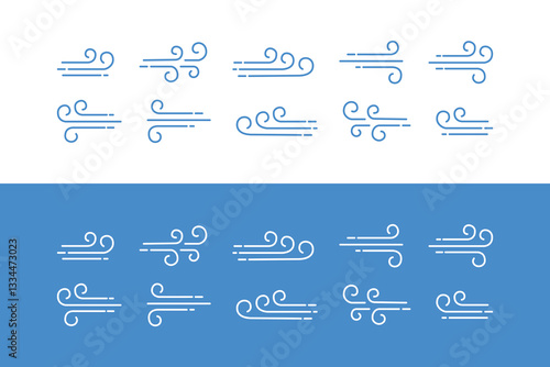 Doodle wind line sketch set. Hand drawn doodle wind motion, air blow, swirl elements. Sketch drawn air blow motion, smoke flow art, abstract line. Isolated vector illustration.