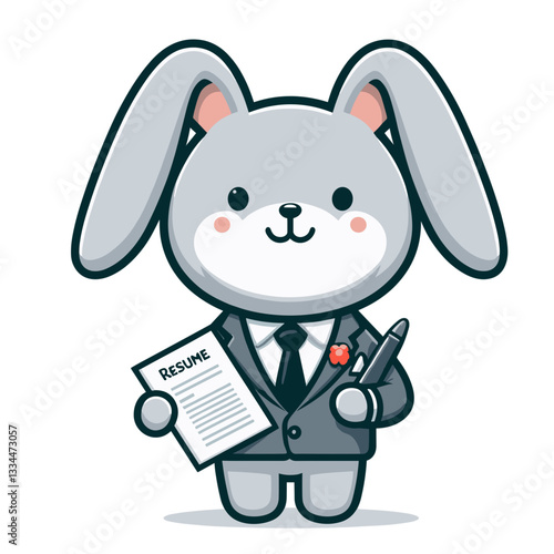 Business bunny recruiter with resume and briefcase in gray suit. Vector illustration for job interviews and hiring processes.